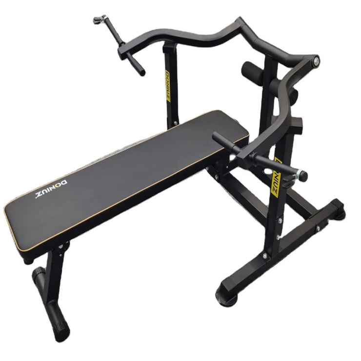 A black and gray multifunctional chest press machine with pads and safety rails, designed for weight lifting and resistance training.