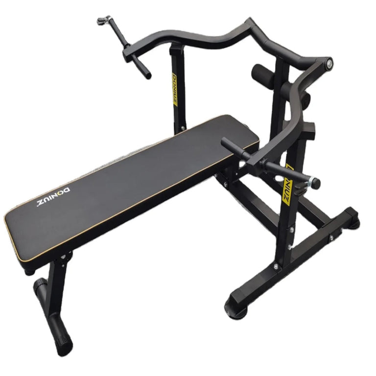 A black and gray multifunctional chest press machine with pads and safety rails, designed for weight lifting and resistance training.