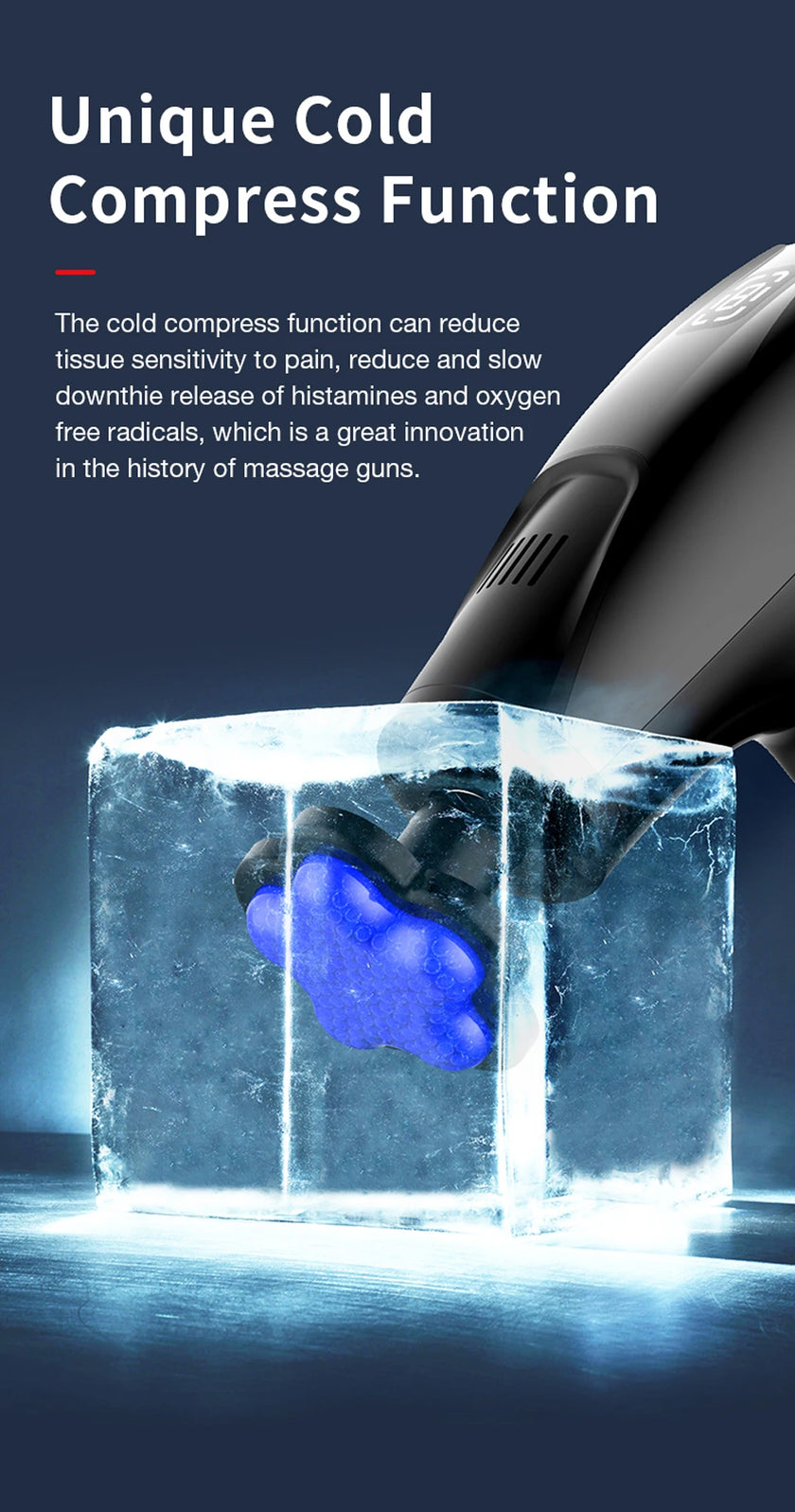 Massage gun with a block of ice and blue light, highlighting its cold compress function.