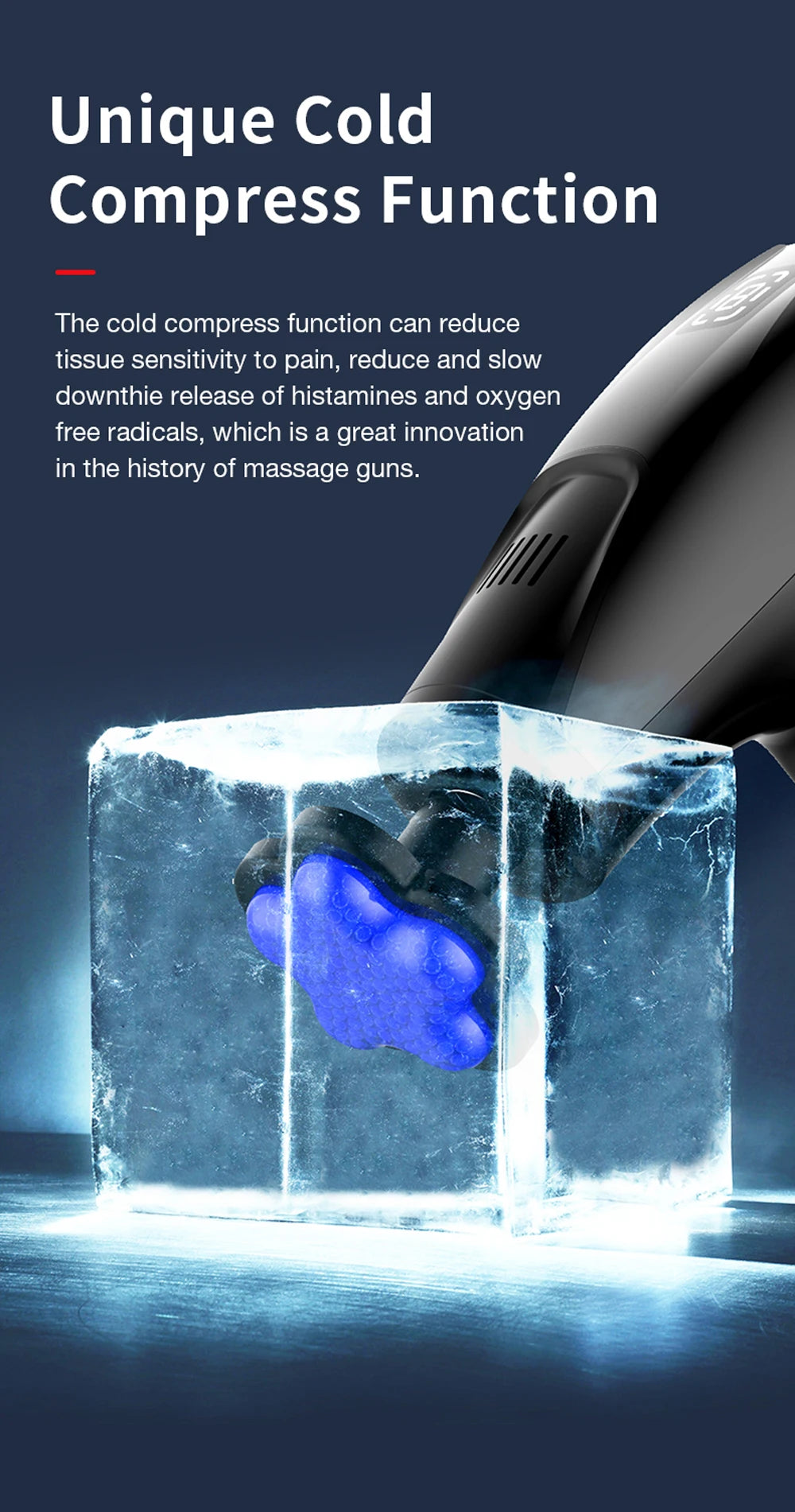 Massage gun with a block of ice and blue light, highlighting its cold compress function.