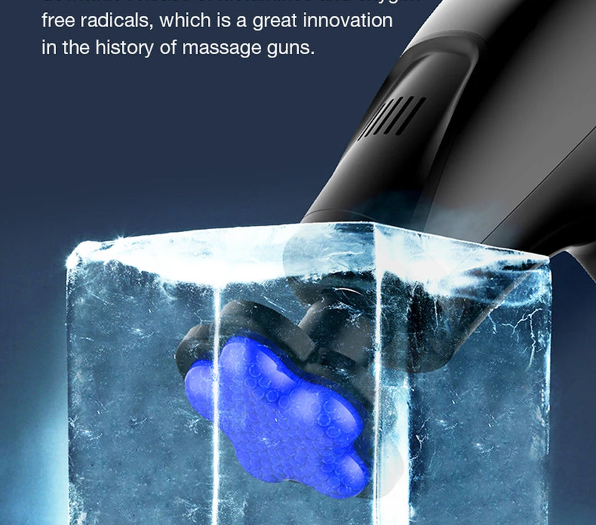 Massage gun with a block of ice and blue light, highlighting its cold compress function.