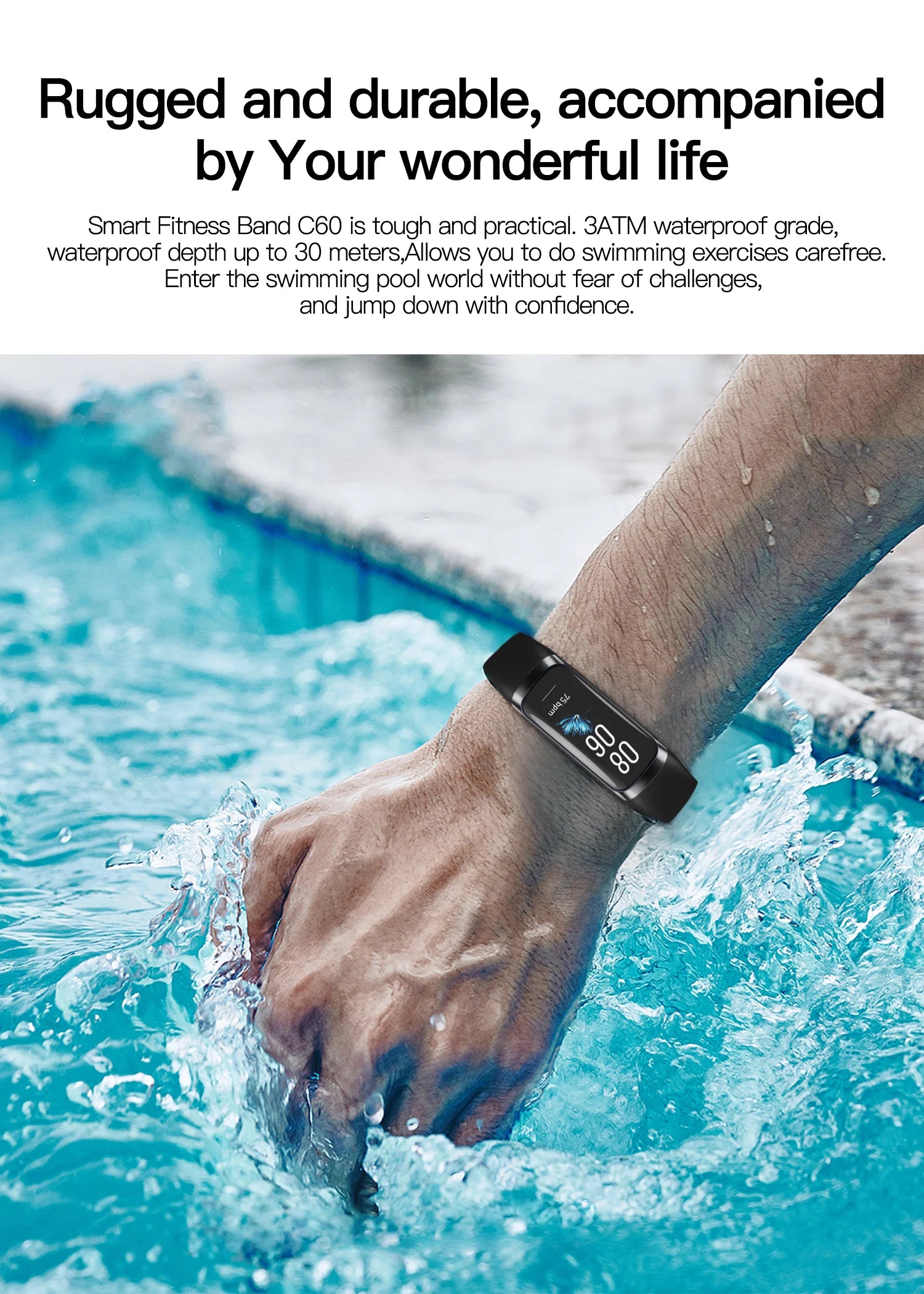 Person wearing a smart fitness band in a swimming pool with text about its features.