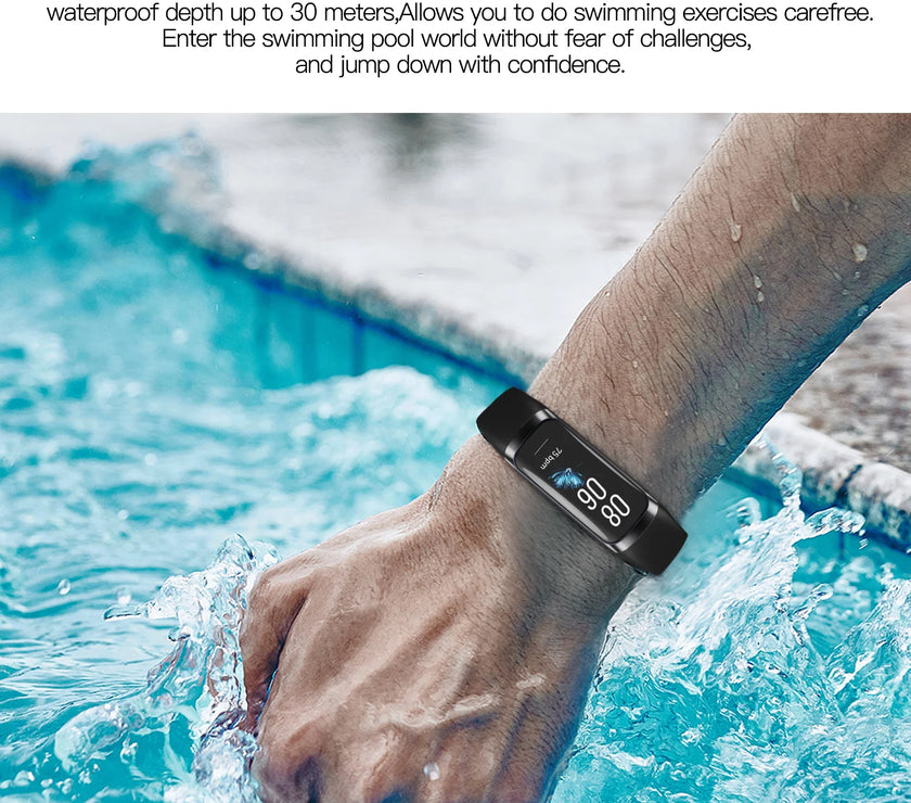 Person wearing a smart fitness band in a swimming pool with text about its features.