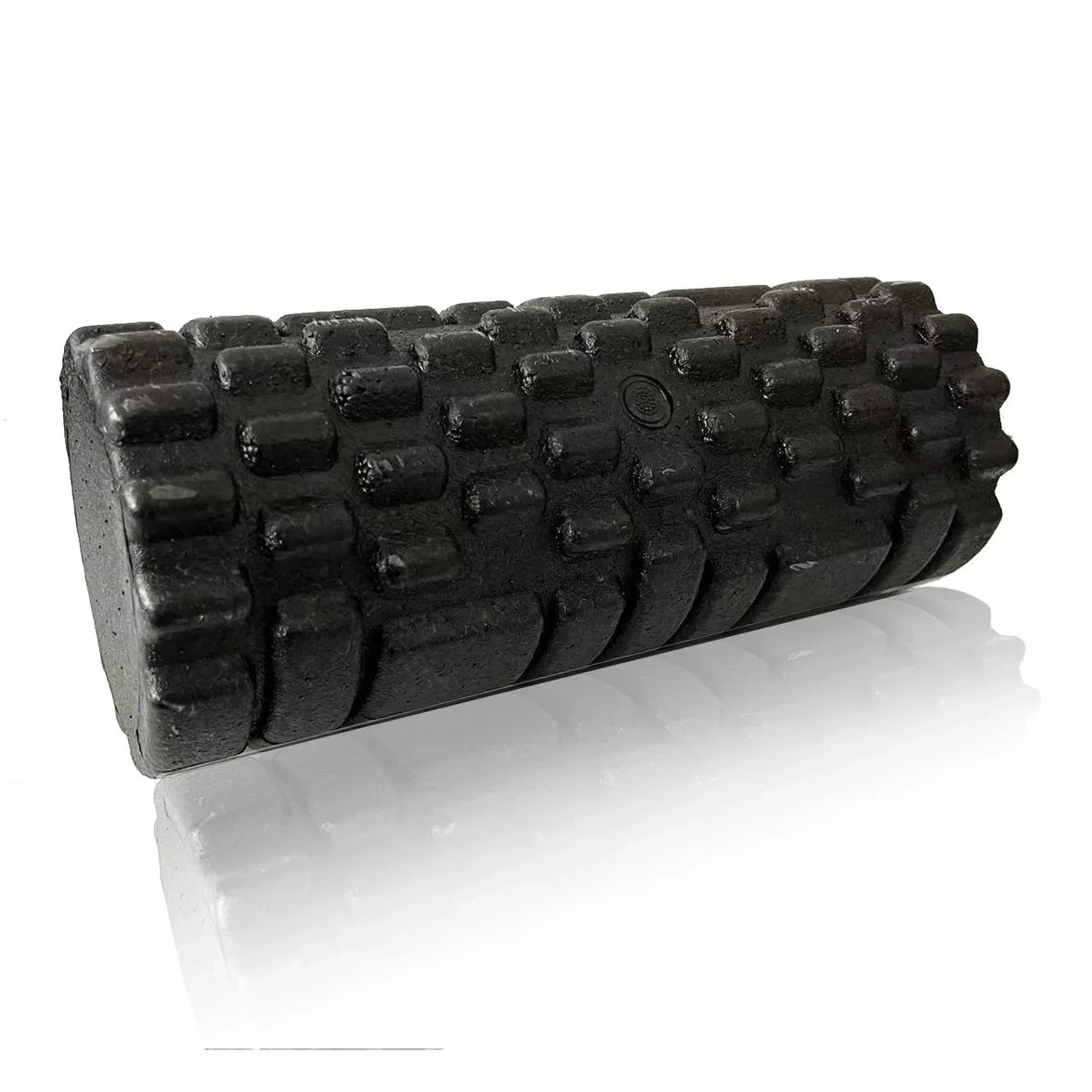 Black foam roller with textured surface on a white background