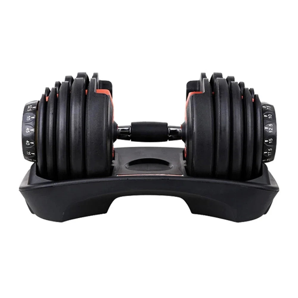 Pair of adjustable dumbbells on a white background