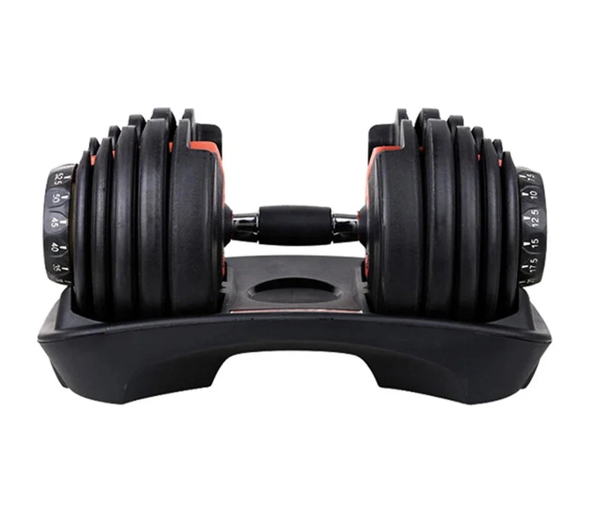 Pair of adjustable dumbbells on a white background