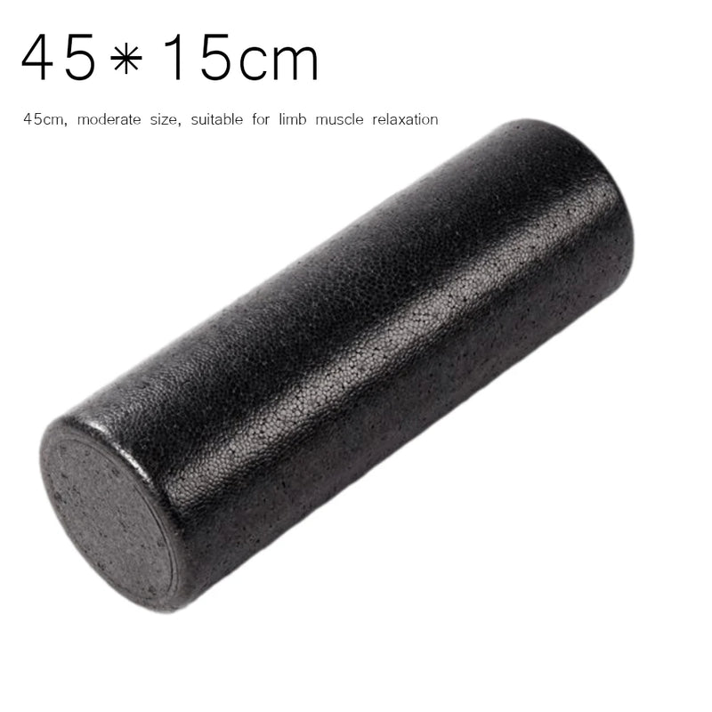 Black foam roller with dimensions 45*15cm on a white background