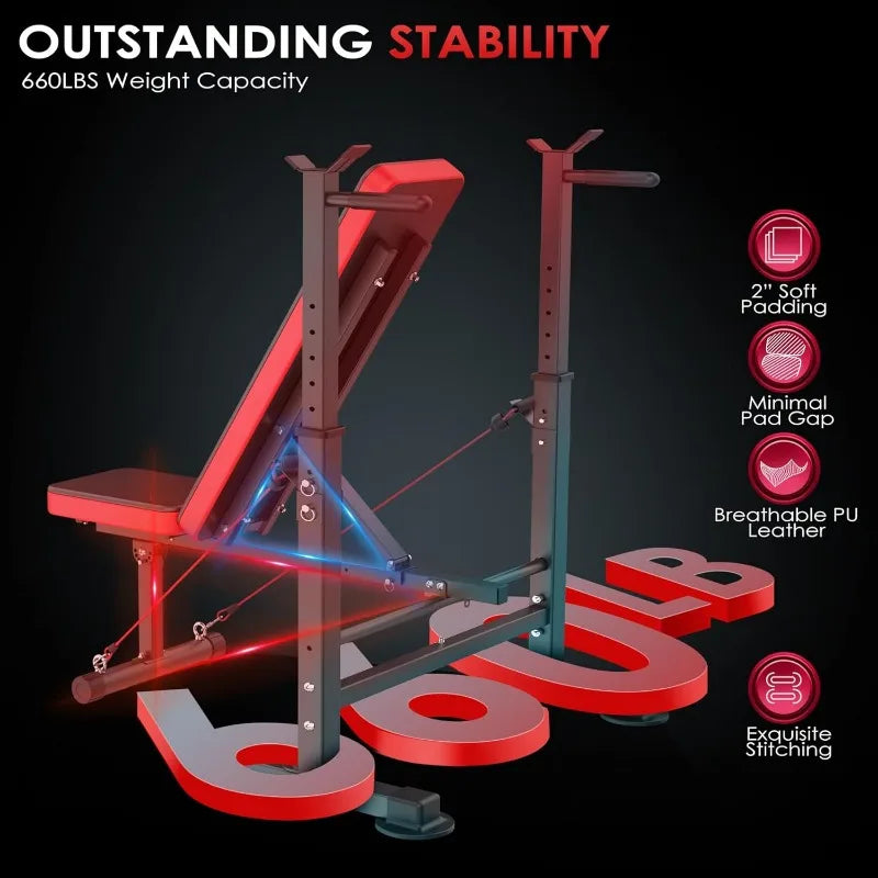 OPPSDECOR 660lbs 6 in 1 Weight Bench Set with Squat Rack Adjustable Workout Bench with Leg Developer Preacher Curl Rack