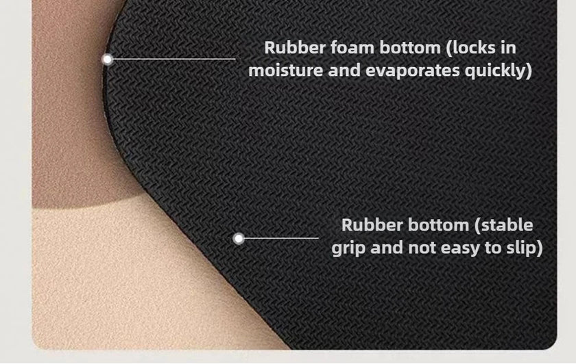 Black rubber mat with text explaining its features on a beige background
