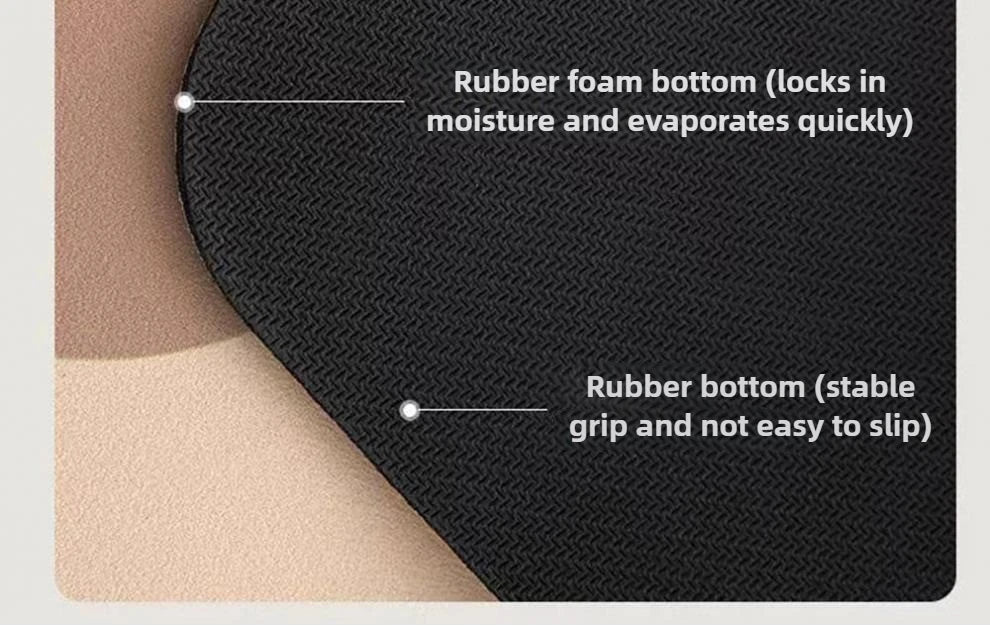 Black rubber mat with text explaining its features on a beige background