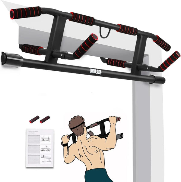 Pull-up bar with red grips and Iron Ace branding, with a cartoon of a person using it.