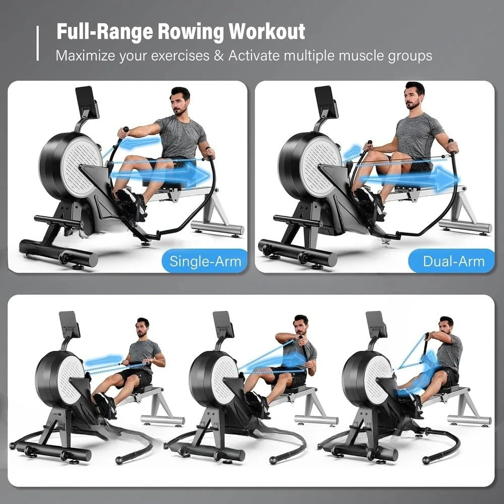 Gym equipment showing a man using a rowing machine for full-range rowing workout.