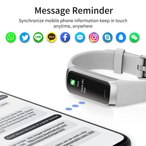 Smartwatch with message reminder feature displayed on a smartphone screen, showing social media icons.