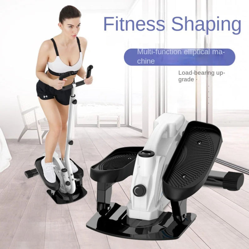 Woman using a multi-function elliptical machine in a home setting with text 'Fitness Shaping' and 'Multi-function elliptical machine'.