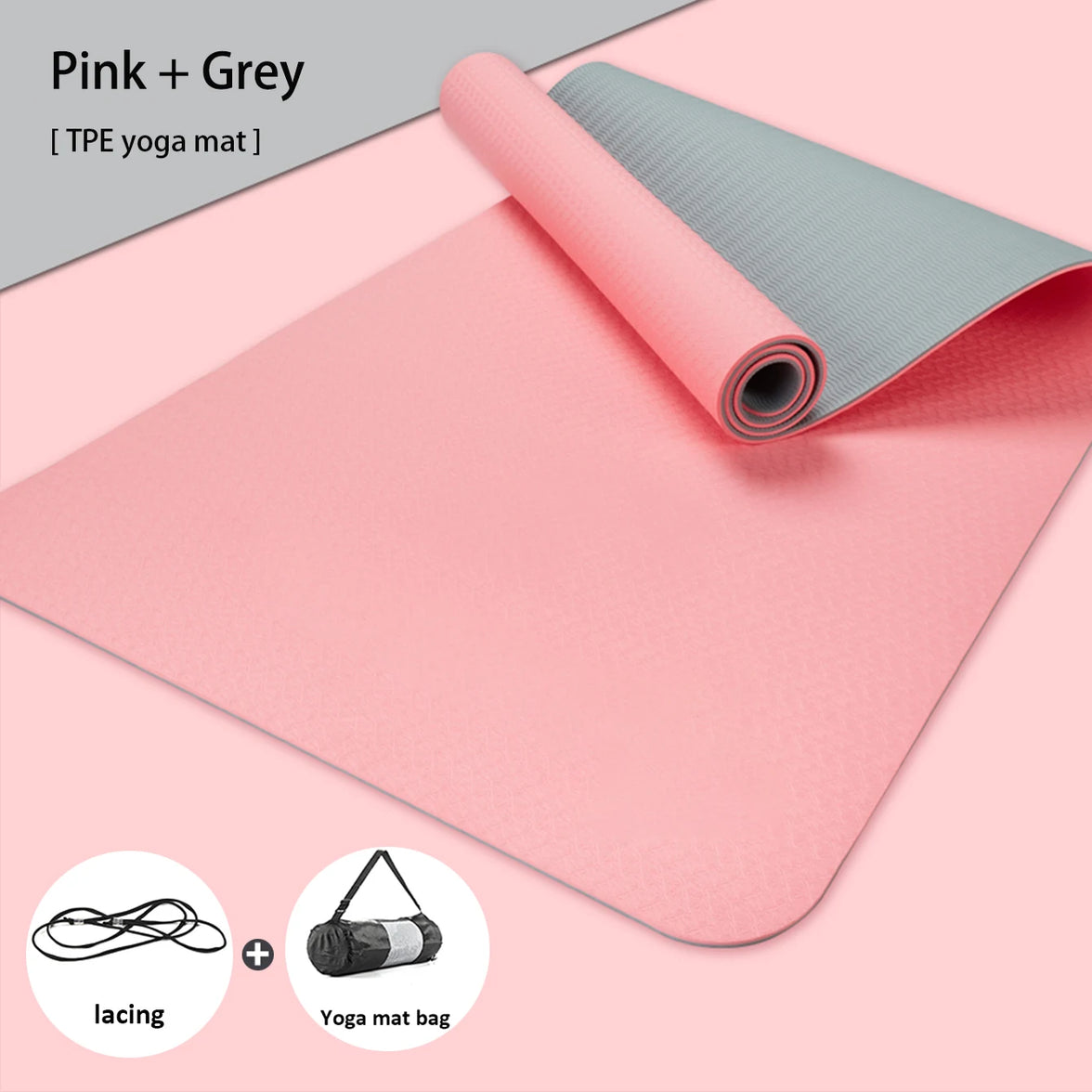 Pink and gray yoga mat with lacing system and yoga mat bag on a pink background