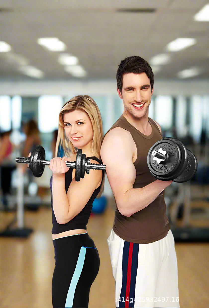 Two people lifting weights with text about free adjustment and universal use for men and women.