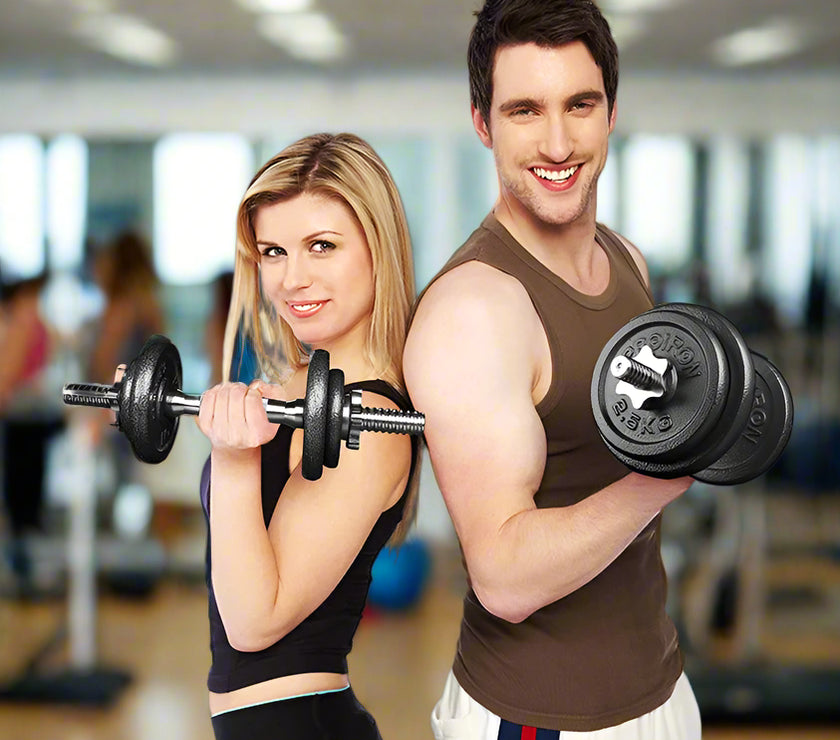 Two people lifting weights with text about free adjustment and universal use for men and women.