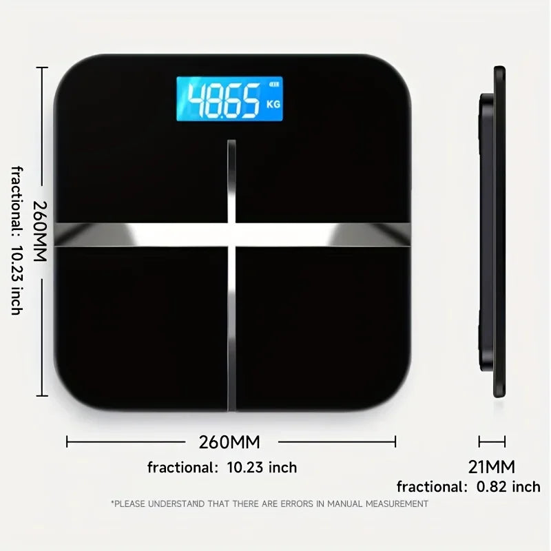 Black digital bathroom scale with dimensions labeled on a white background