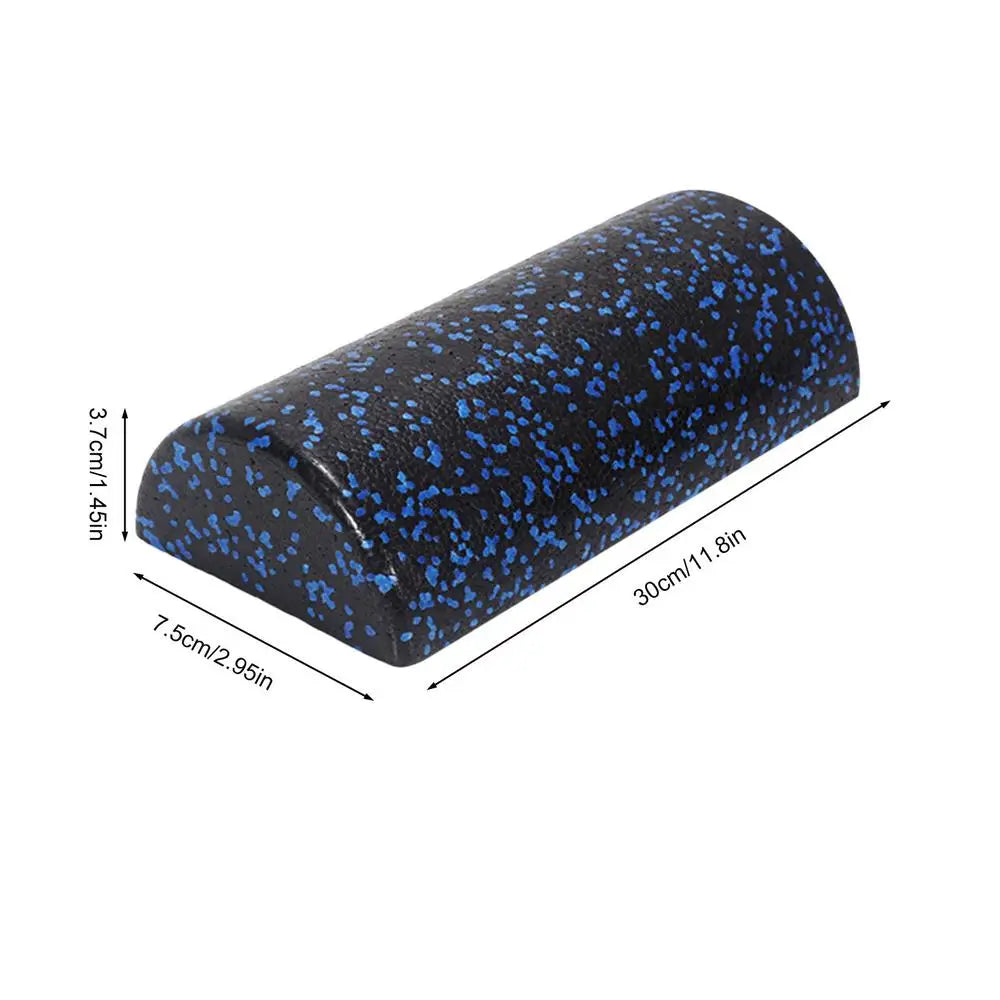 Black and blue foam roller with dimensions on a white background