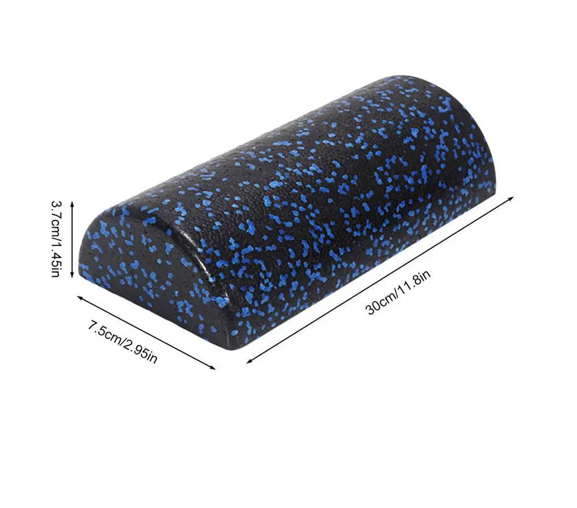 Black and blue foam roller with dimensions on a white background