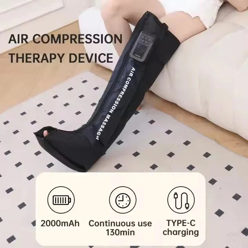 Air compression therapy device on a person's leg with charging details displayed.