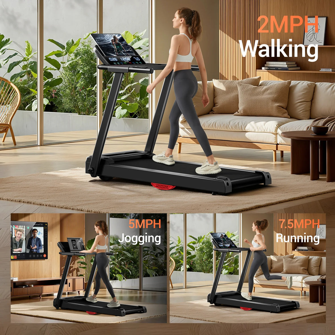 Collage of three images showing a foldable home treadmill with a woman using it. The top image shows the treadmill with a '2MPH Walking' label, the middle image shows a person jogging on the treadmill with a '5MPH Jogging' label, and the bottom image shows the treadmill with a '7.