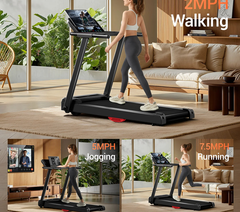 Collage of three images showing a foldable home treadmill with a woman using it. The top image shows the treadmill with a '2MPH Walking' label, the middle image shows a person jogging on the treadmill with a '5MPH Jogging' label, and the bottom image shows the treadmill with a '7.