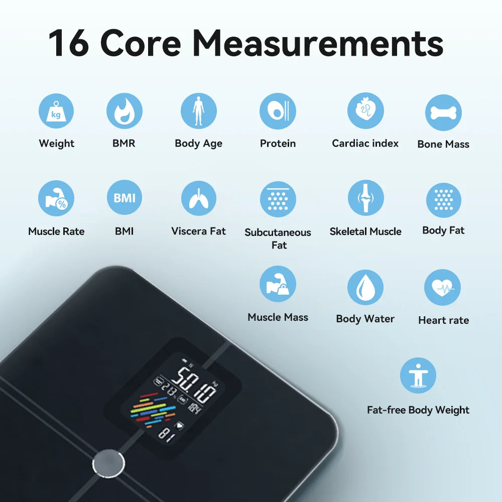 Black digital bathroom scale with 16 core measurements displayed on a light gray background