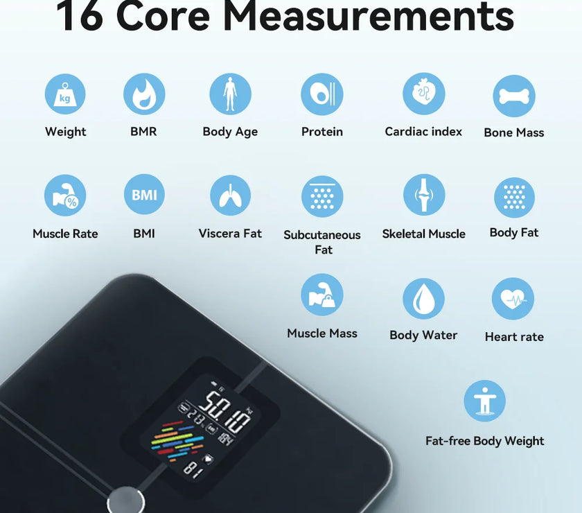Black digital bathroom scale with 16 core measurements displayed on a light gray background