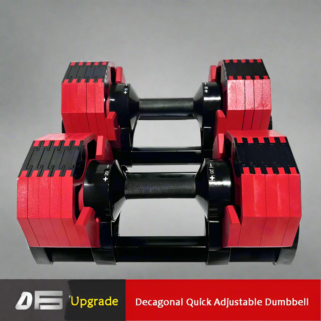 Decagonal quick adjustable dumbbell with red and black design on a white background