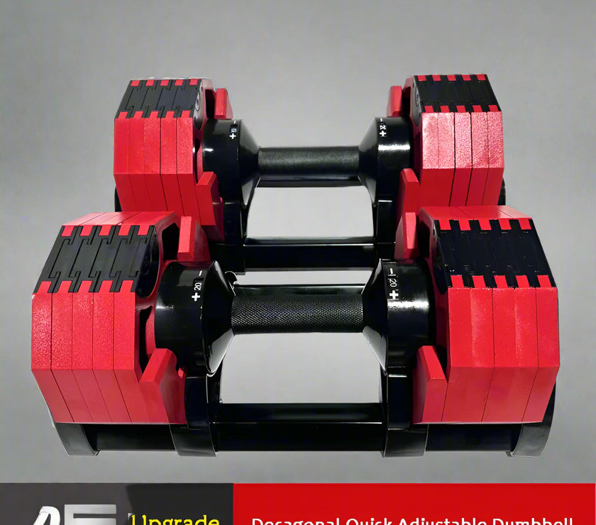 Decagonal quick adjustable dumbbell with red and black design on a white background