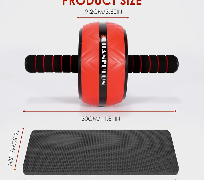 Red and black ab roller with measurements on a white background