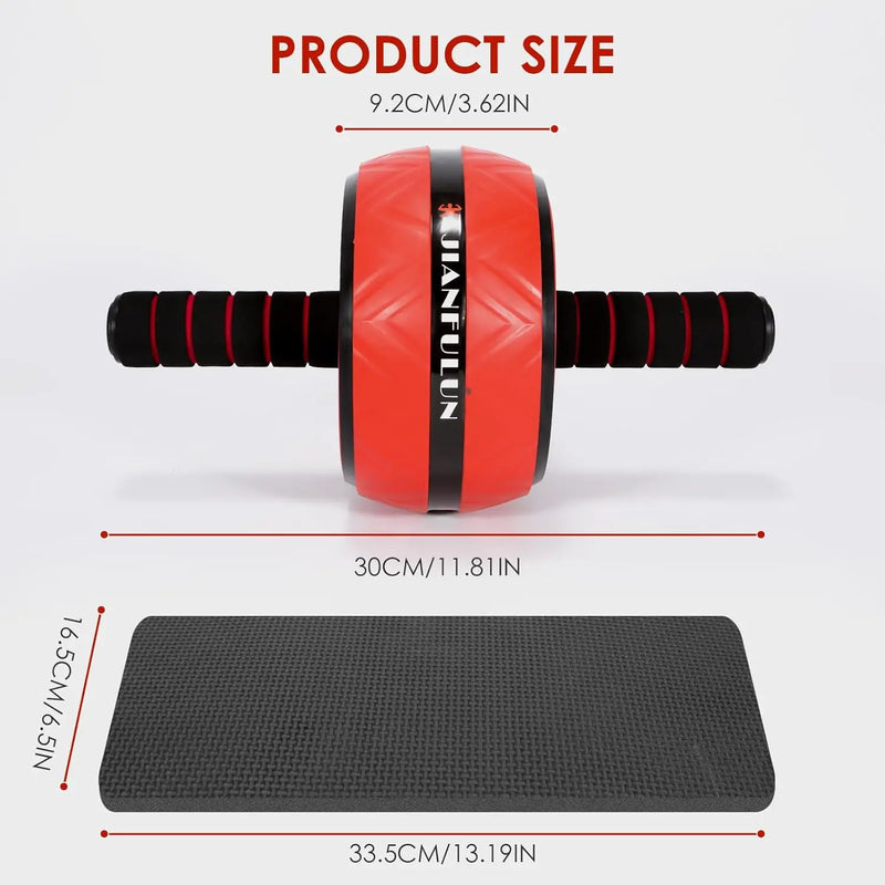 Red and black ab roller with measurements on a white background