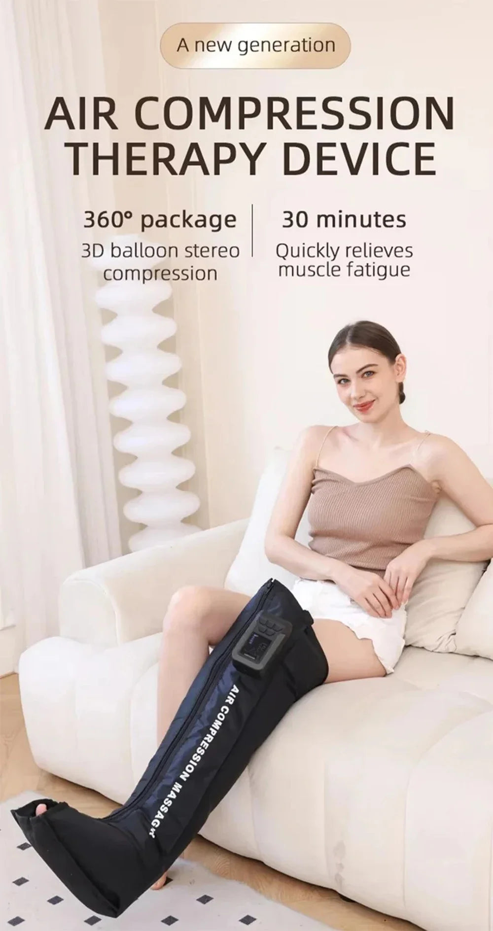 Woman using an air compression therapy device on her leg with promotional text about the product.
