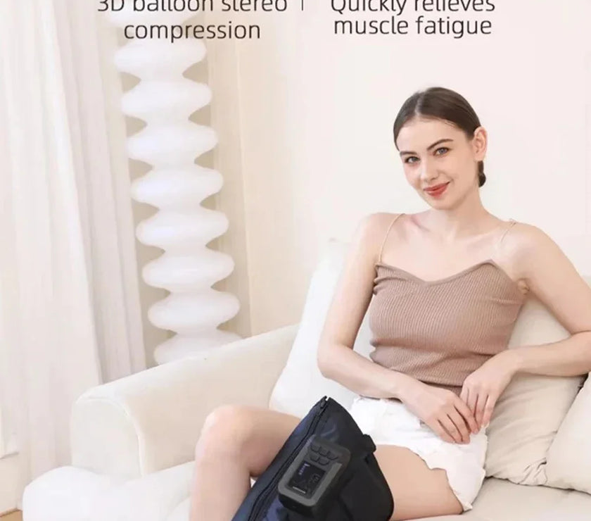 Woman using an air compression therapy device on her leg with promotional text about the product.