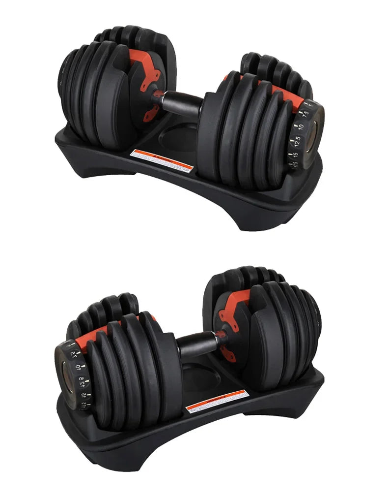 Pair of adjustable dumbbells on a white background
