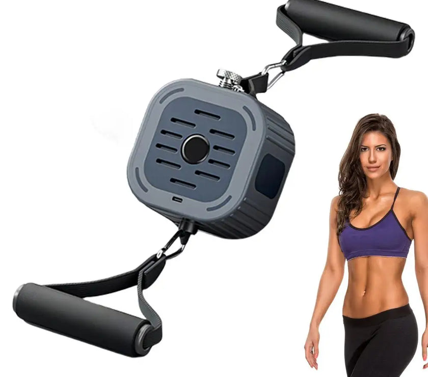 Resistance band trainer with a woman in athletic wear on a white background