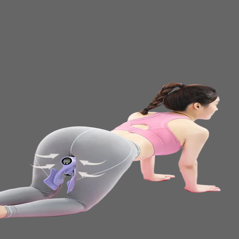 Woman exercising with a leg elevation device on a pink mat against a pink wall.