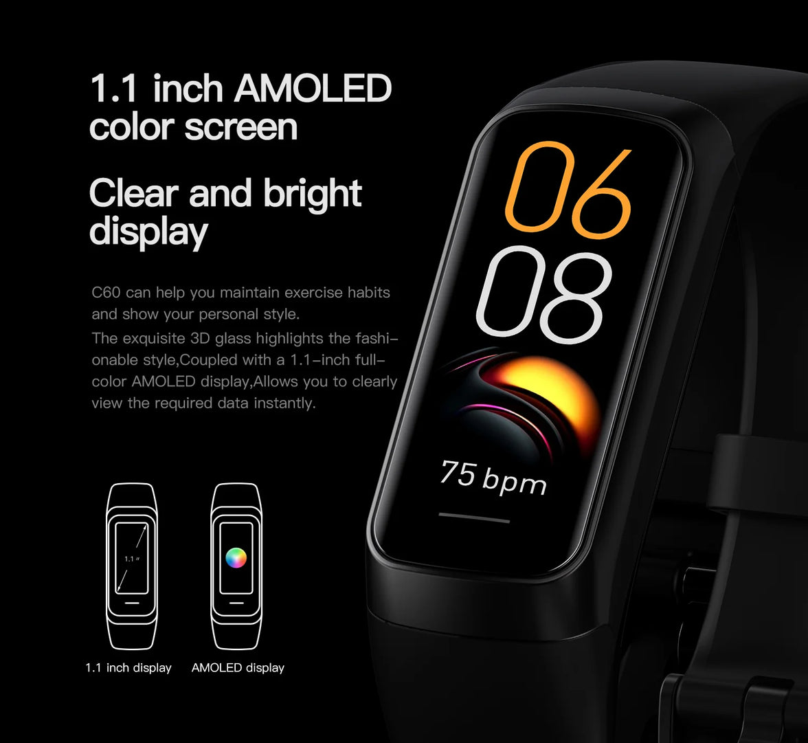 Smartwatch with a 1.1 inch AMOLED color screen on a black background