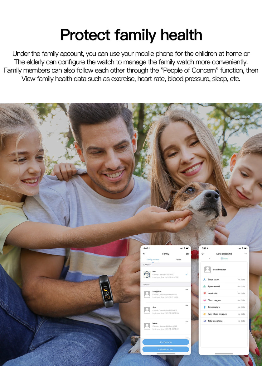 Family with children and a dog, with a focus on health monitoring app interface.