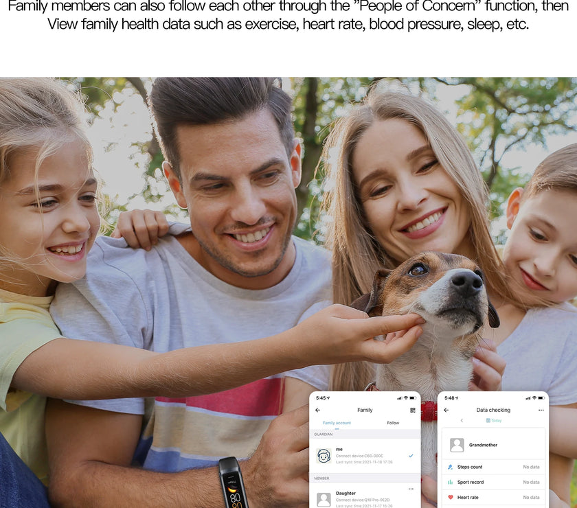 Family with children and a dog, with a focus on health monitoring app interface.