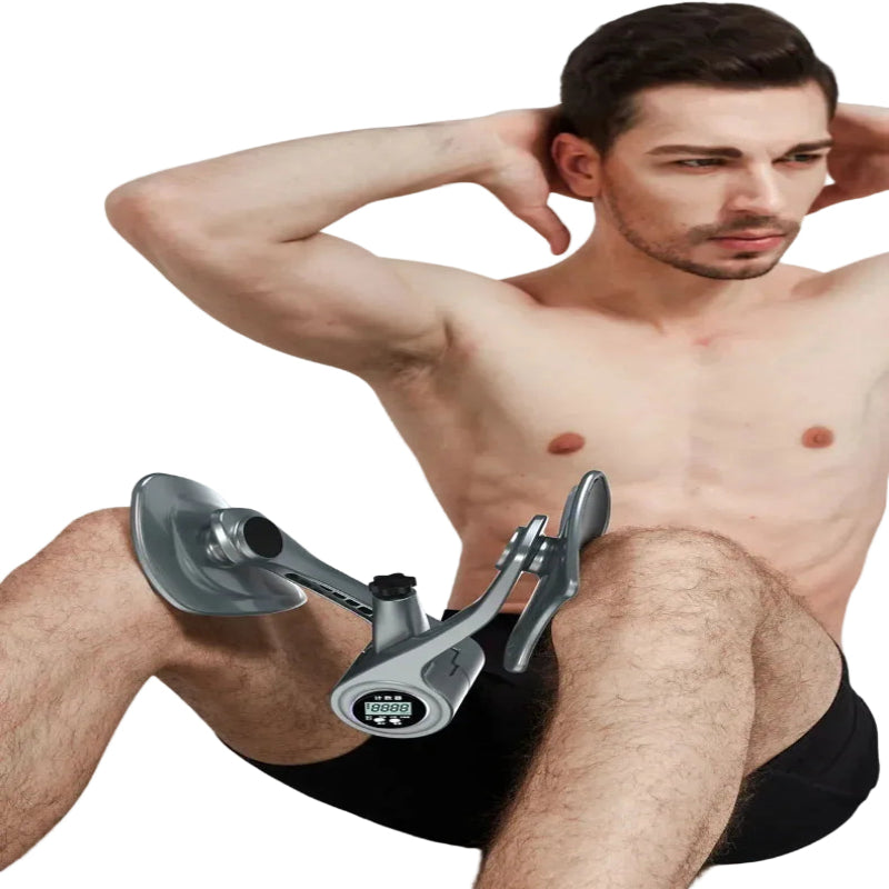 Man using a vacuum pump device on his abdomen with text in Chinese