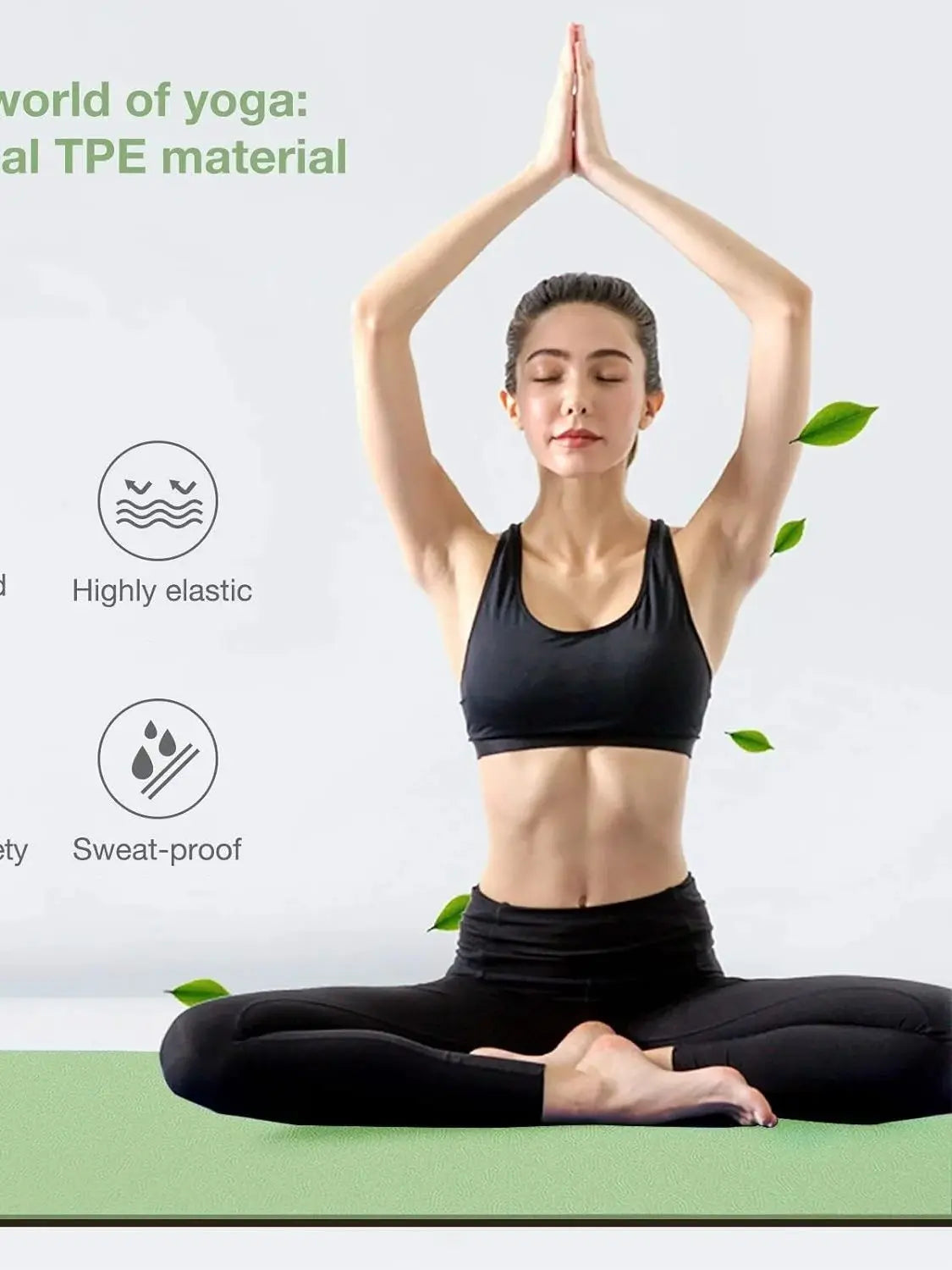 Woman in black athletic wear performing a yoga pose on a green mat with text about TPE material.