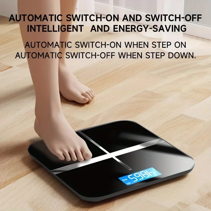 Digital bathroom scale on a wooden floor with text about its features.