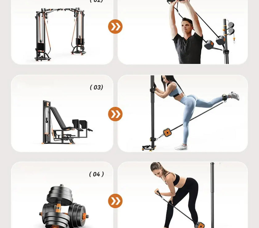Fitness equipment set with various components and users exercising.