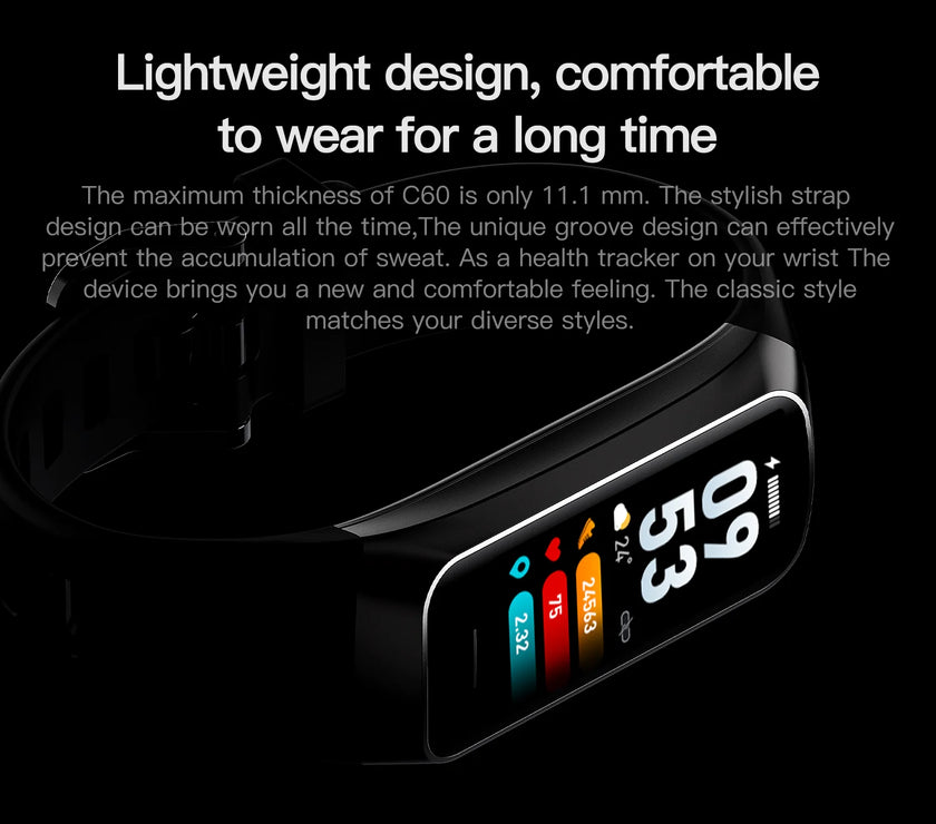Smartwatch with digital display on a black background, featuring text about its lightweight design and comfort.