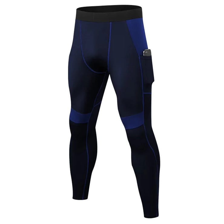 Athletic man wearing supportive compression tights during a run – enhances performance and reduces fatigue.