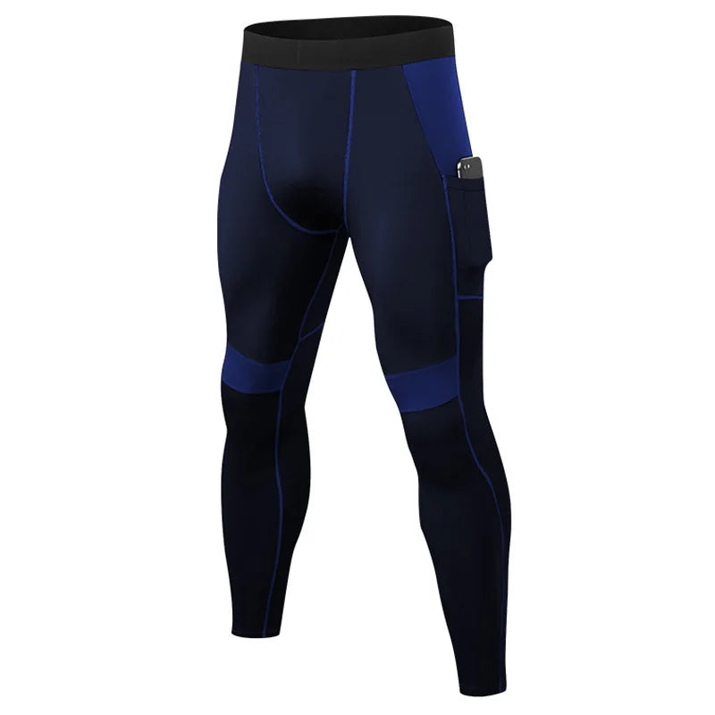 Athletic man wearing supportive compression tights during a run – enhances performance and reduces fatigue.