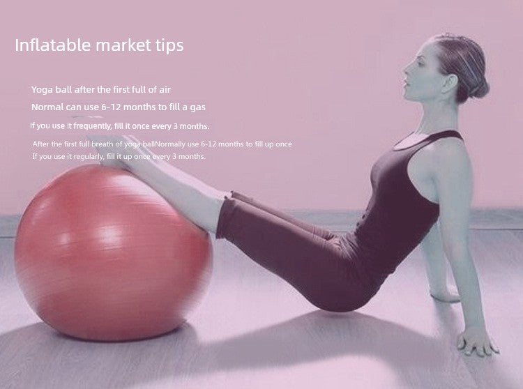 Person using an inflatable yoga ball with text on market tips.