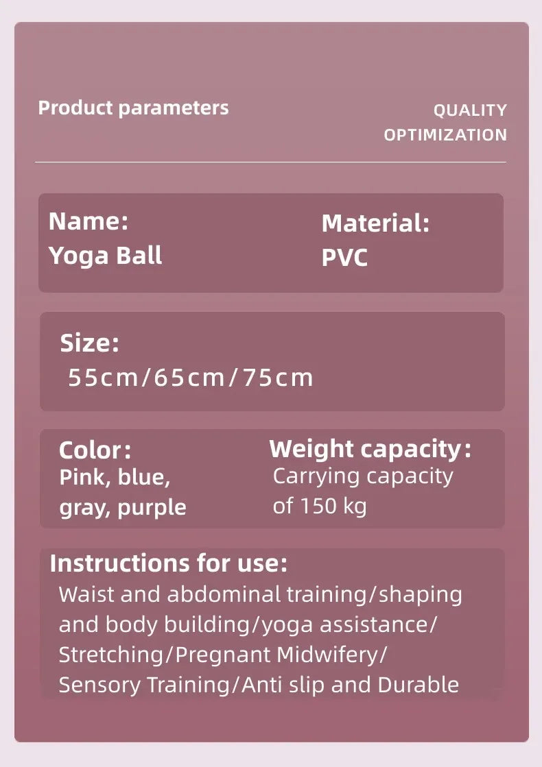 Product parameters of a yoga ball on a purple background